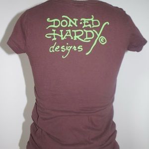 Ed Hardy Brown Flower Graphic T-Shirt